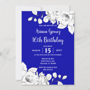 Chic Modern Royal Blue White Floral 16th Birthday Invitation