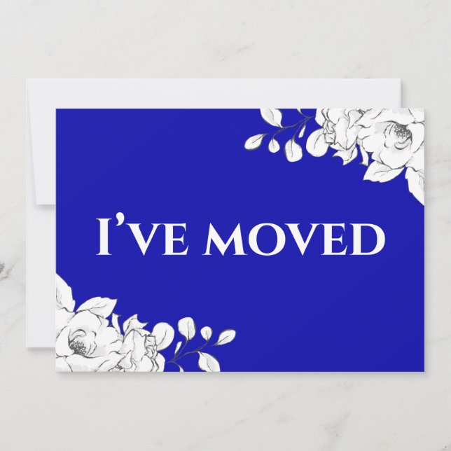 Chic Modern Royal Blue White Floral I’ve Moved Announcement (Front)