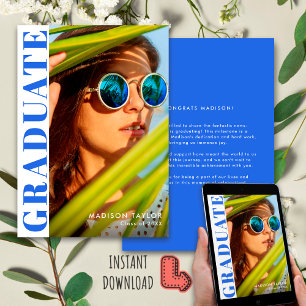 Chic Modern Royal Blue White Photo Graduation  Announcement