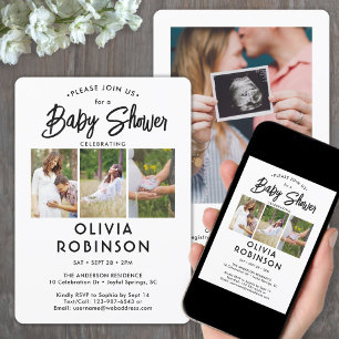 Chic Modern Script 4 Photo Minimal Baby Shower Invitation
