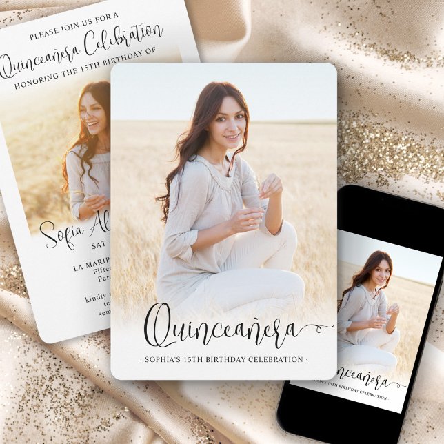 Chic Modern Script Quinceañera Celebration 2 Photo Invitation (Creator Uploaded)