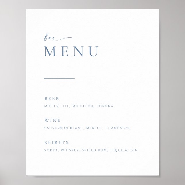 Chic + Modern Script Wedding Bar Menu Sign | Blue (Front)