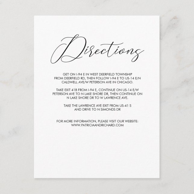 Chic Modern Script Wedding Directions Enclosure Card (Front)