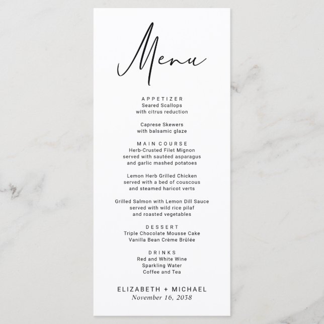 Chic Modern Script Wedding Menu (Front)
