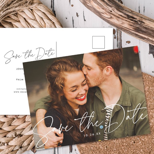 Chic Modern Script Wedding Photo Save The Date Announcement Postcard (Creator Uploaded)