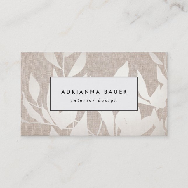Chic Modern Silver Leaves Nature Tan Linen LOOK Business Card (Front)