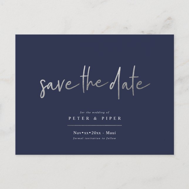 Chic+Modern Silver Signature Script, Save the Date Postcard (Front)