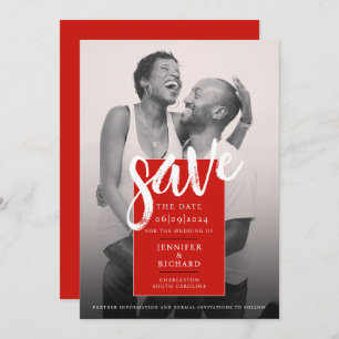Chic Modern Simple Red And White Photo Wedding Save The Date