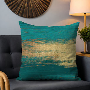 Chic Modern Teal Gold Abstract Brushstrokes Cushion
