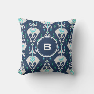 Chic modern teal navy blue ikat tribal pattern cushion