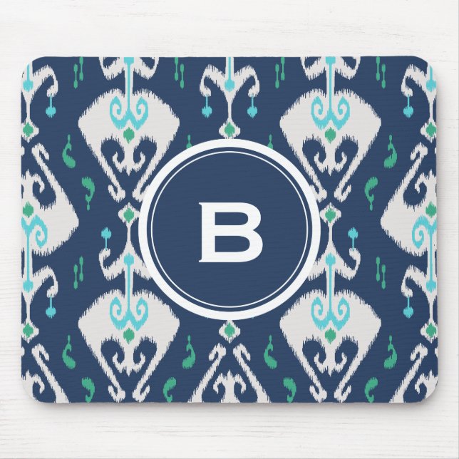 Chic modern teal navy blue ikat tribal pattern mouse pad (Front)