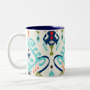 Chic modern teal navy blue ikat tribal pattern Two-Tone coffee mug