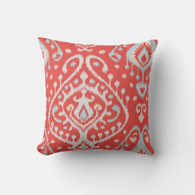 Chic modern teal red girly ikat tribal pattern cushion (Front)