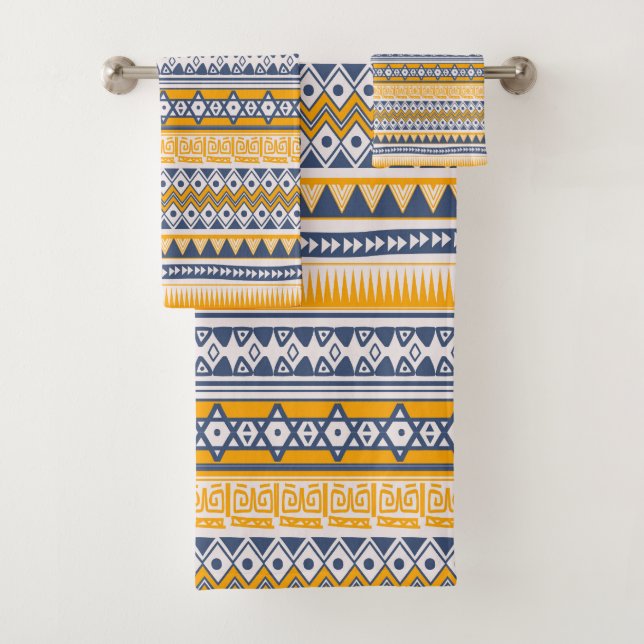 Chic Modern Tribal Pattern Saffron Navy Blue Bath Towel Set (Insitu)