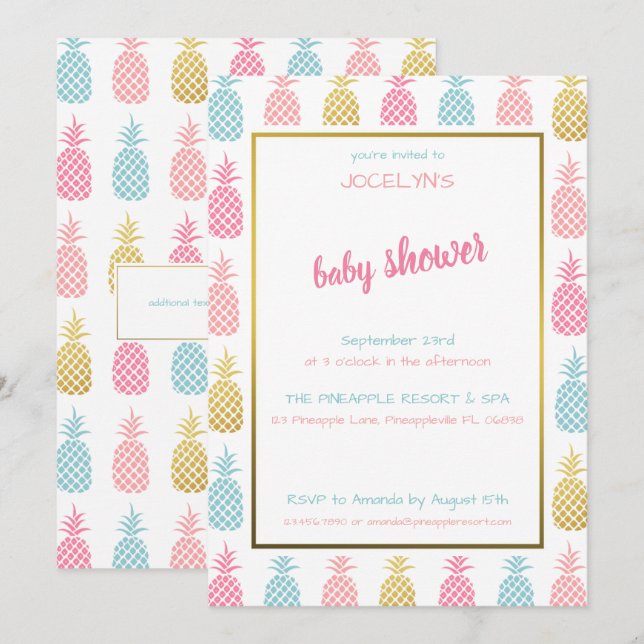 Chic Modern Tropical Pineapple Baby Shower Invitation (Front/Back)