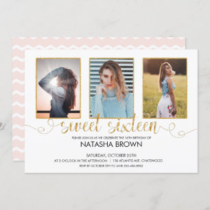 Chic Modern Typography Sweet 16 Gold Party Photo Invitation