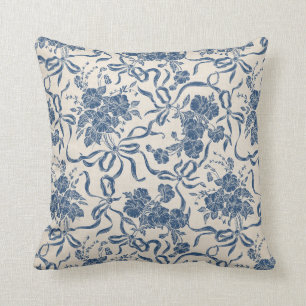 Chic Modern Vintage Ivory Navy Blue Floral Pattern Cushion