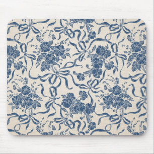 Chic Modern Vintage Ivory Navy Blue Floral Pattern Mouse Pad