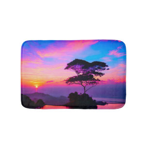 Chic Modern Vivid Pink Blue Yellow Gold Sunset  Bath Mat