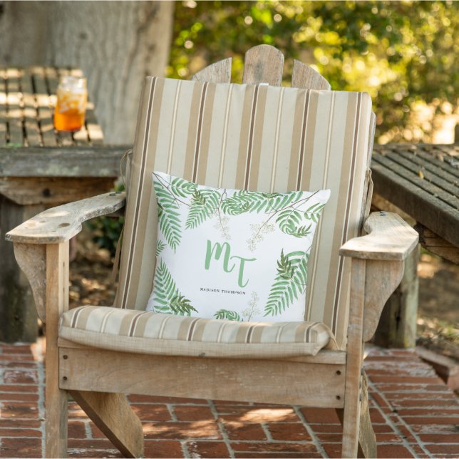 Chic Modern Watercolor Greenery Script Monogram  Cushion (Chair)