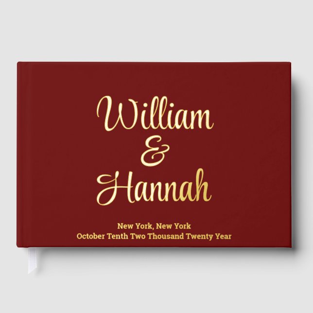 Chic Modern Wedding Burgundy Gold Foil Hardcover Guest Book (Front)