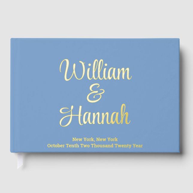Chic Modern Wedding Dusty Blue with Gold Hardcover Guest Book (Front)