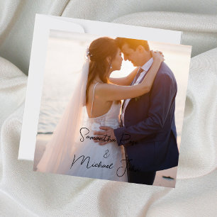 Chic Modern White & Black Typography Photo Wedding Thank You Card