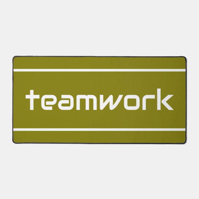 Chic Modern White TEAMWORK Stripes On Golden Olive Desk Mat (Front)