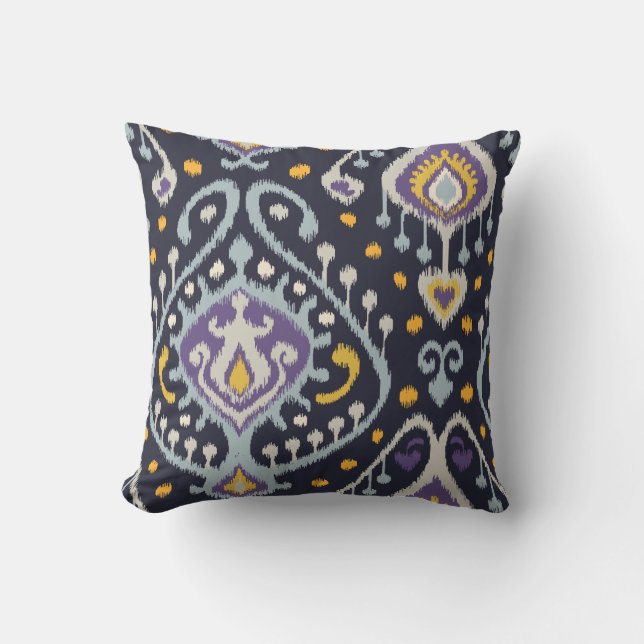 Chic modern yellow blue navy ikat tribal pattern cushion (Front)