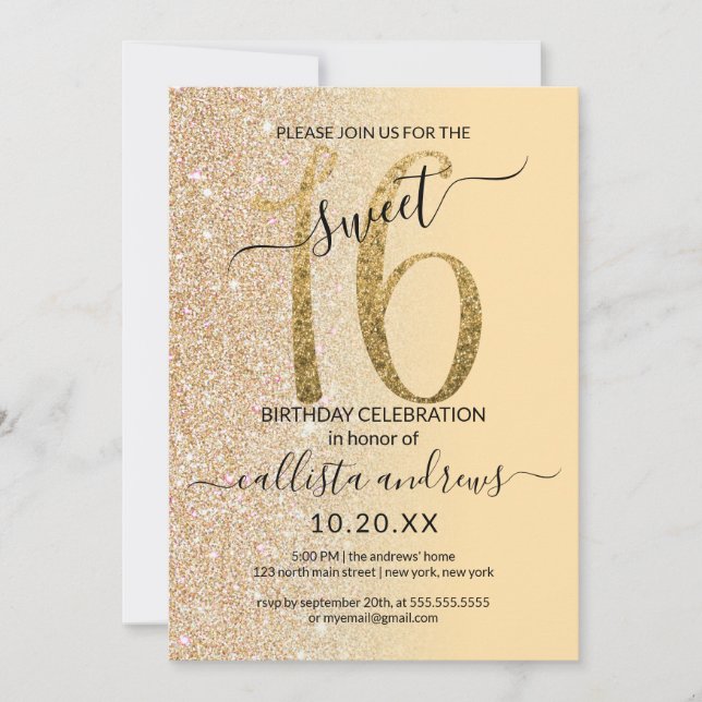 Chic Modern Yellow Gold Glitter Ombre Sweet 16 Invitation (Front)