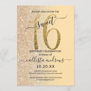 Chic Modern Yellow Gold Glitter Ombre Sweet 16 Invitation