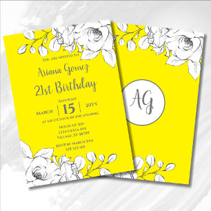 Chic Modern Yellow White Floral 21st Birthday Invitation