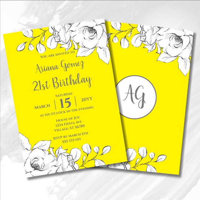 Chic Modern Yellow White Floral 21st Birthday Invitation (Creator Uploaded)