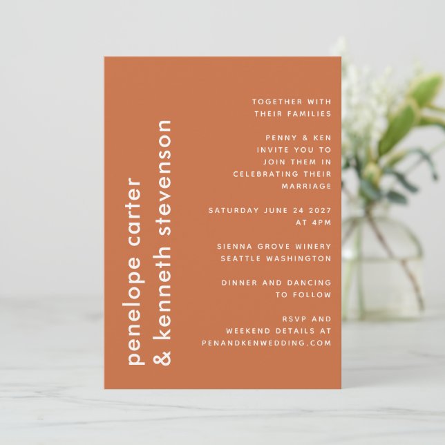 Chic ModernTypography | Burnt Orange Wedding  Invitation (Standing Front)