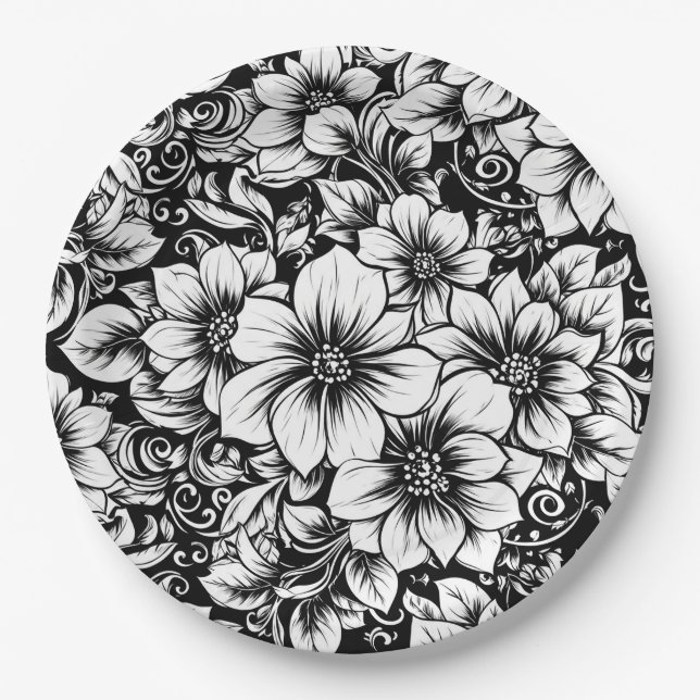 Chic Monochrome Floral Luxury Pattern (1) Paper Plate (Front)