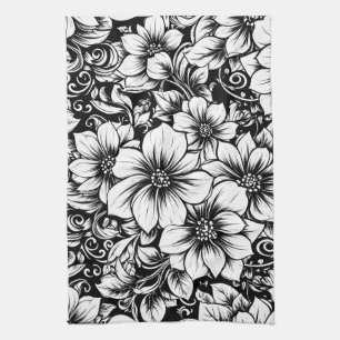 Chic Monochrome Floral Luxury Pattern (1) Tea Towel