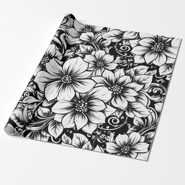 Chic Monochrome Floral Luxury Pattern (1) Wrapping Paper (Unrolled)