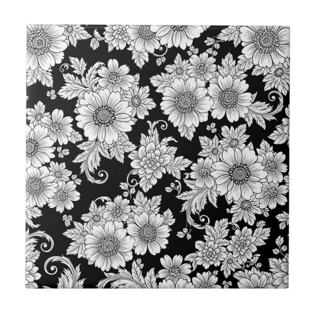 Chic Monochrome Floral Luxury Pattern (2) Ceramic Tile (Front)