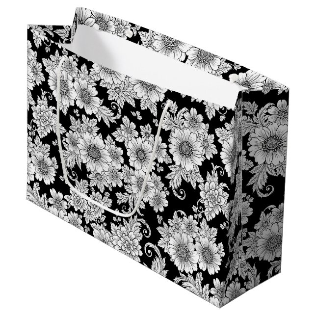 Chic Monochrome Floral Luxury Pattern (2) Large Gift Bag (Front Angled)