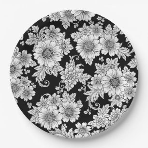 Chic Monochrome Floral Luxury Pattern (2) Paper Plate
