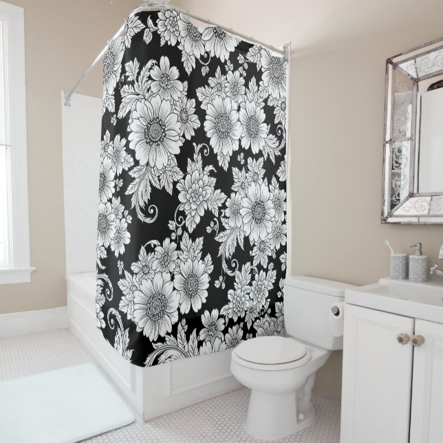 Chic Monochrome Floral Luxury Pattern (2) Shower Curtain (In Situ)