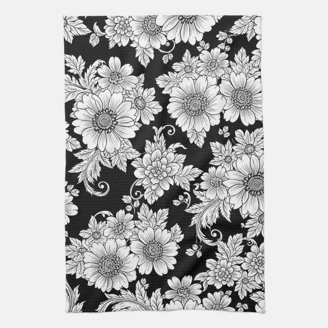 Chic Monochrome Floral Luxury Pattern (2) Tea Towel (Vertical)