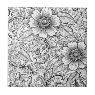 Chic Monochrome Floral Luxury Pattern (3) Ceramic Tile