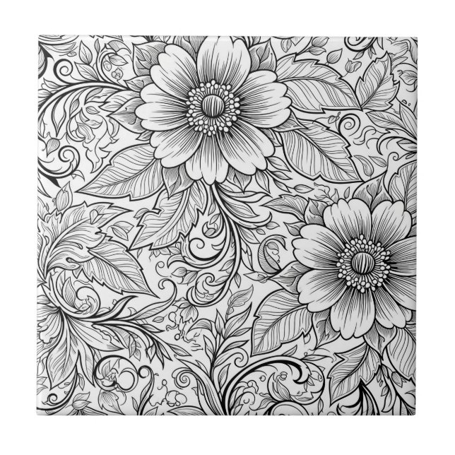 Chic Monochrome Floral Luxury Pattern (3) Ceramic Tile (Front)