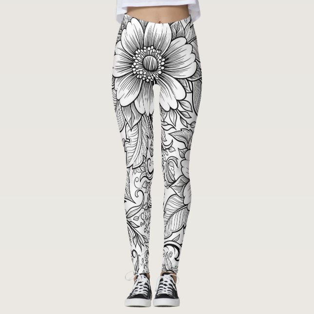 Chic Monochrome Floral Luxury Pattern (3) Leggings (Front)