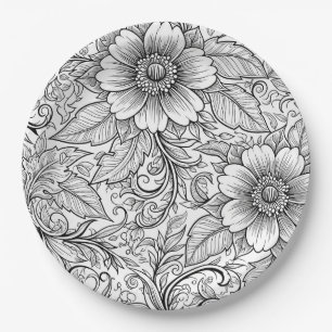 Chic Monochrome Floral Luxury Pattern (3) Paper Plate