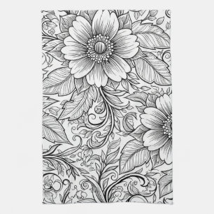 Chic Monochrome Floral Luxury Pattern (3) Tea Towel