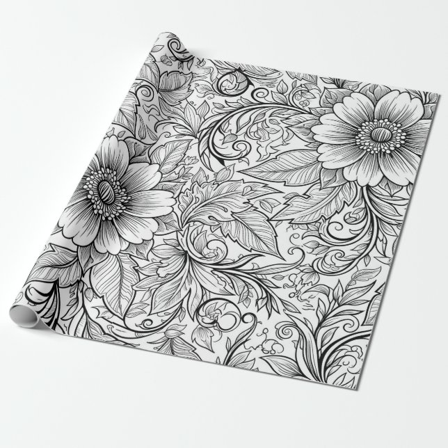 Chic Monochrome Floral Luxury Pattern (3) Wrapping Paper (Unrolled)