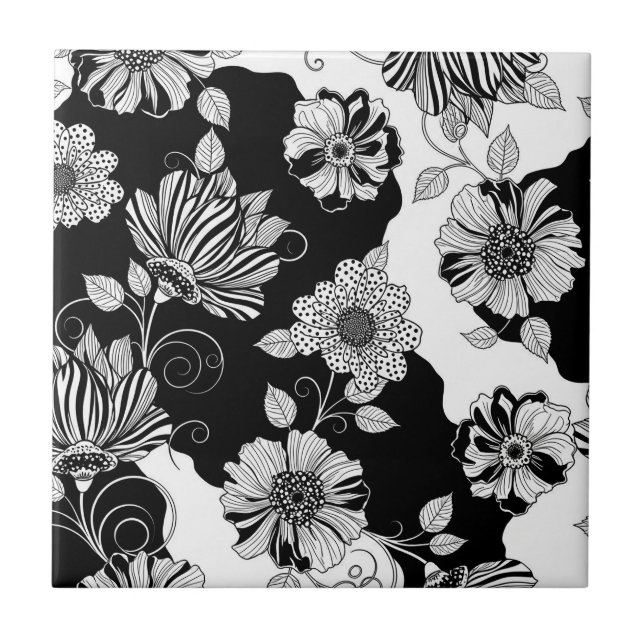 Chic Monochrome Floral Luxury Pattern (4) Ceramic Tile (Front)