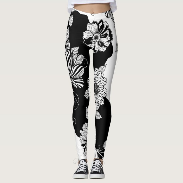 Chic Monochrome Floral Luxury Pattern (4) Leggings (Front)